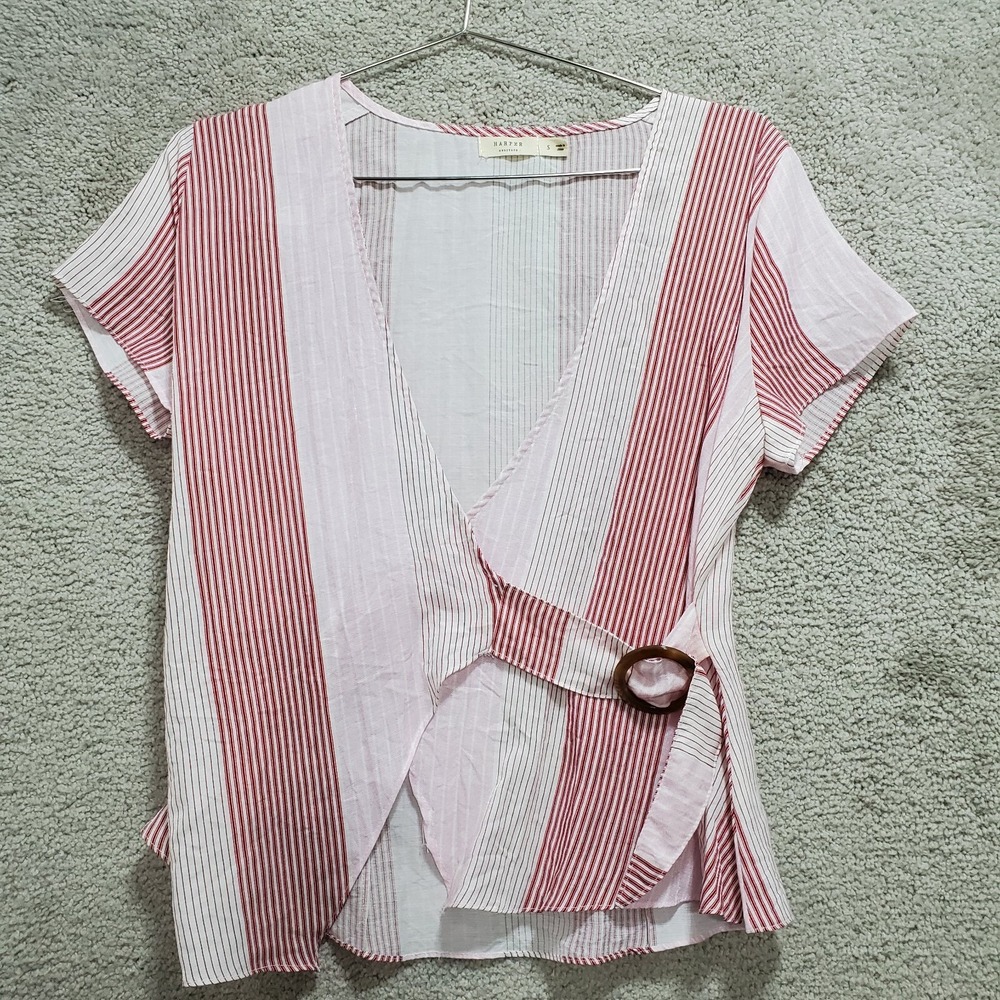 Harper Heritage Wrap Top Women's‎ Small  Pink Striped Polyester Short Sleeve